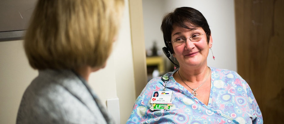 Candid of UVM Medical Center nurses talking.