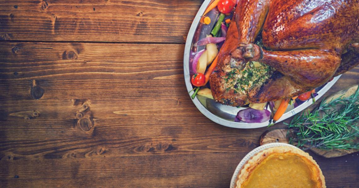 Ariel photo of a thanksgiving meal spread.