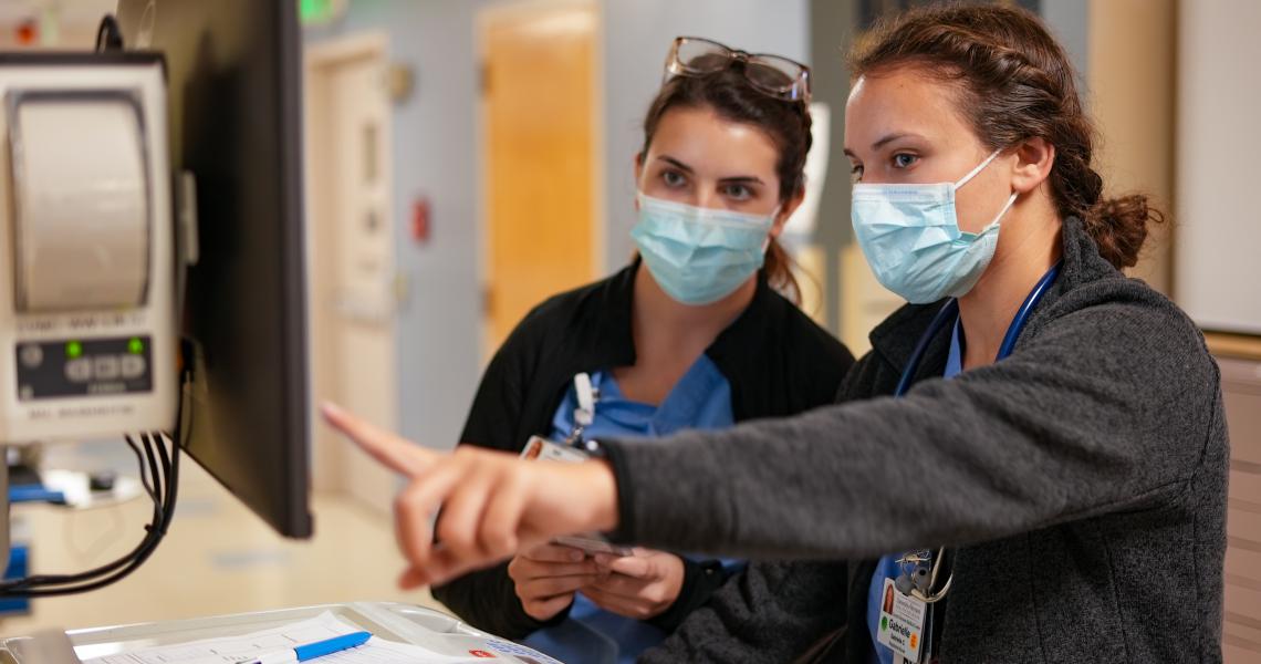 Two healthcare workers point at computer