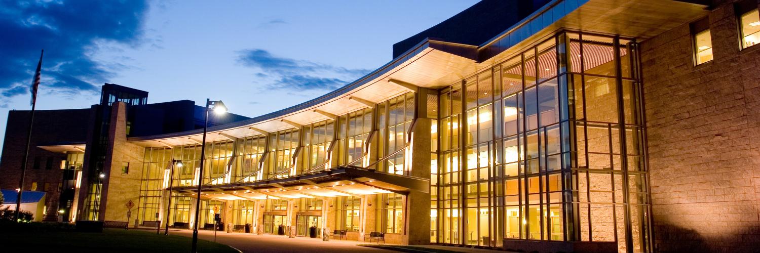 UVM Medical Center main entrance at night