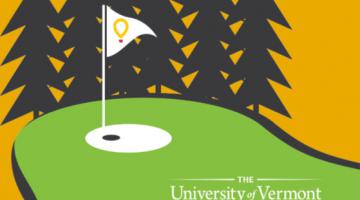Illustration of a golf course hole with pine trees in the background. The UVM Children's Hospital logo is in the bottom right corner.